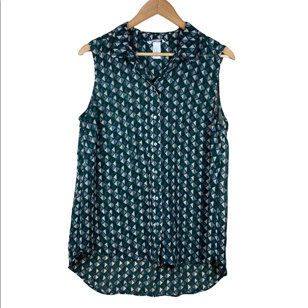 H&M Green Pattern Button Up Lightweight Sheer Blouse Womens Size 12